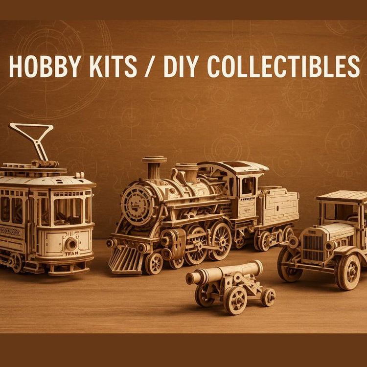 Wooden model kits of a tram, steam locomotive, and vintage car on a brown background with 'Hobby Kits / DIY Collectibles' text.