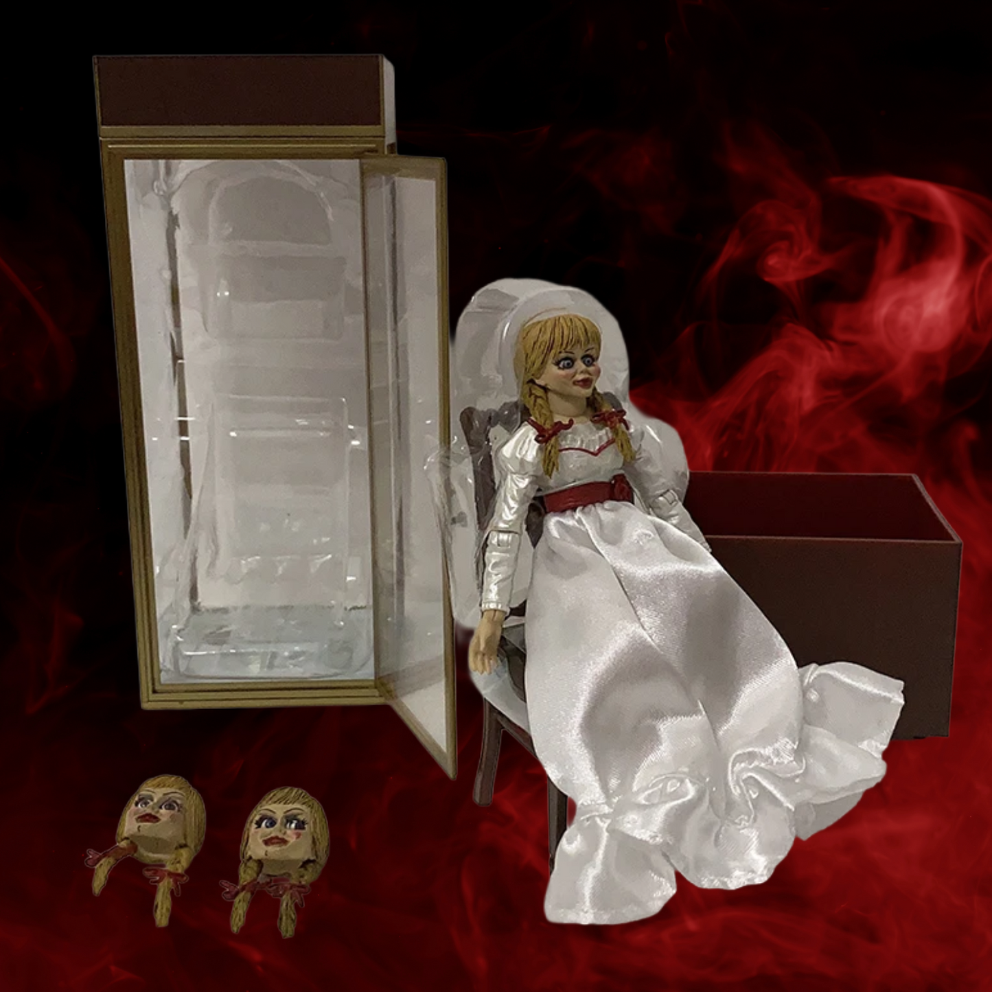 Horror-themed doll in a white dress with a red background