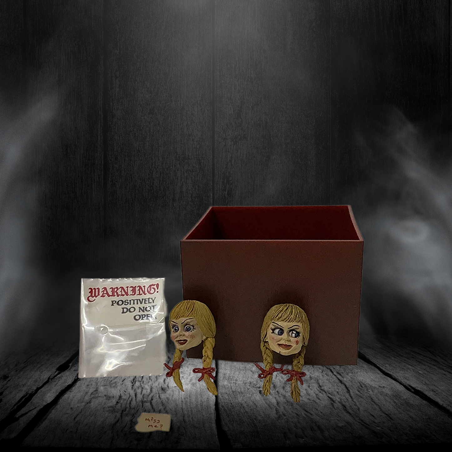 Decorative box with cartoonish figures on a dark background