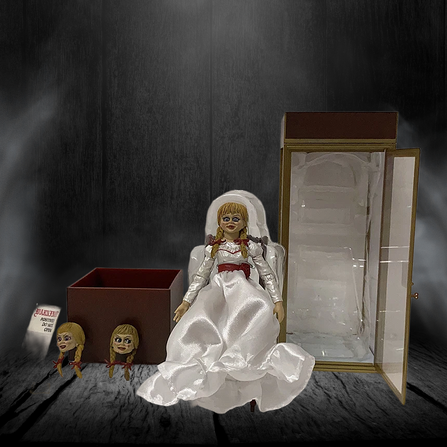 Horror-themed doll in a wedding dress with a dark, eerie background