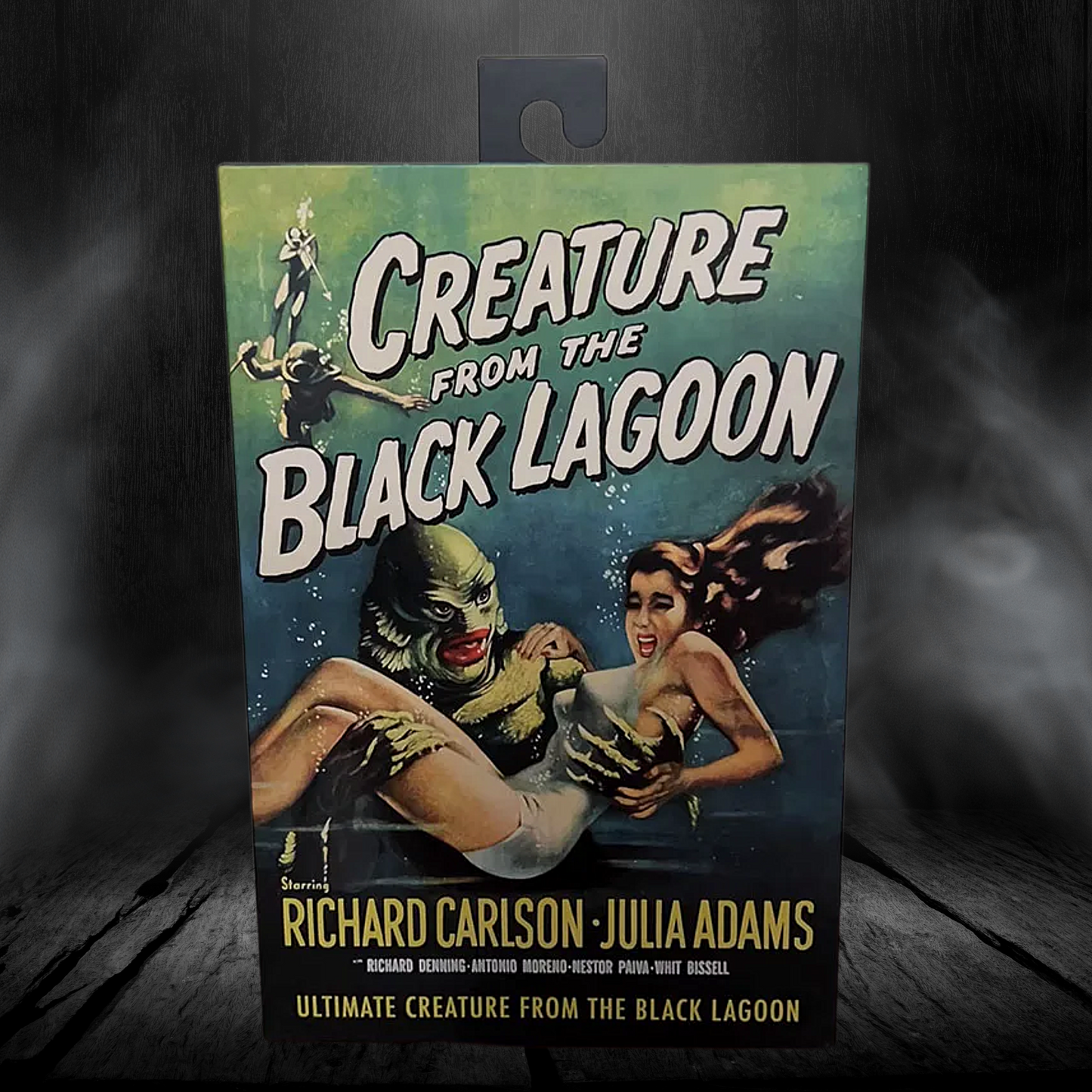Vintage-style packaging for 'Creature from the Black Lagoon' with a dark background