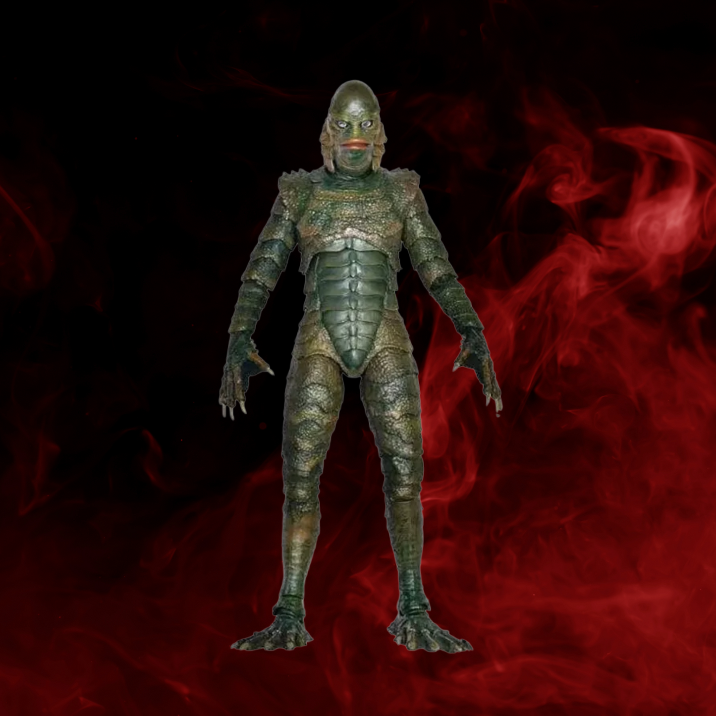 Metallic creature figure on a dark red background