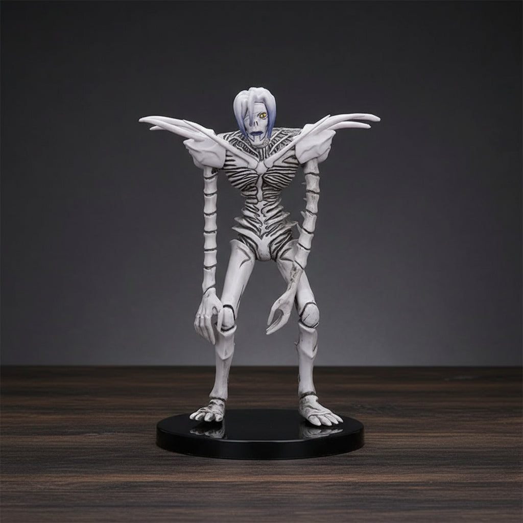 Skeletal figure with white and gray color scheme on a black base against a white background