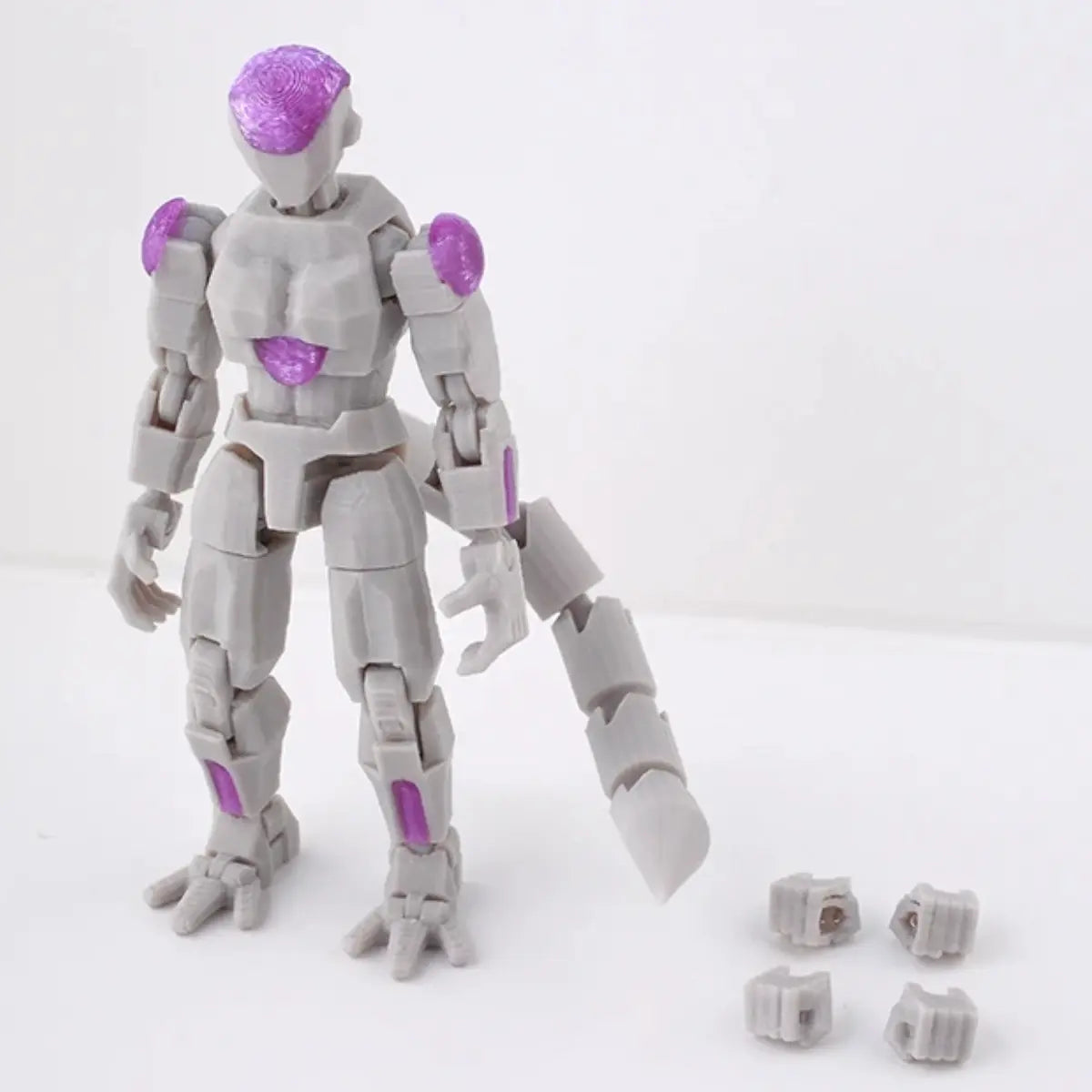 Mechanical figure with purple accents on a white background
