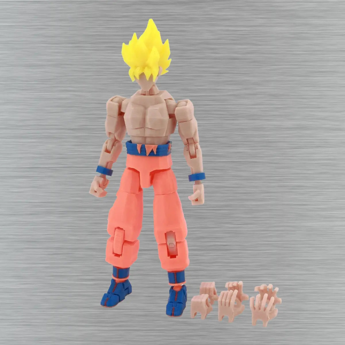 Action figure with yellow hair and orange outfit on a gray background