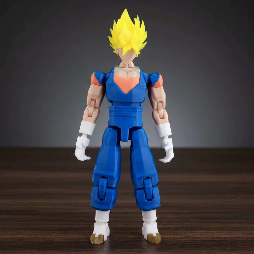 Action figure with blue and orange outfit on a textured gray background