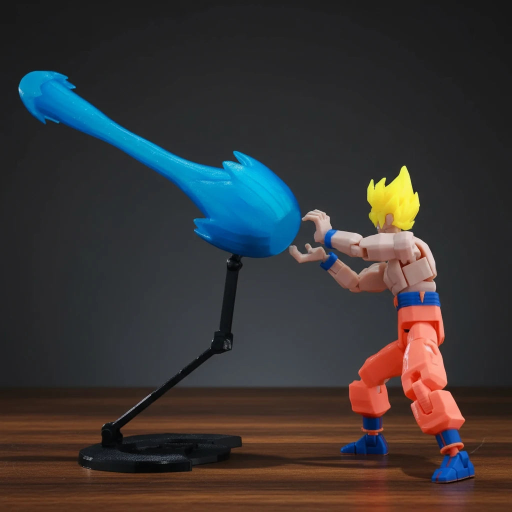 Action figure with a blue weapon on a gray textured background