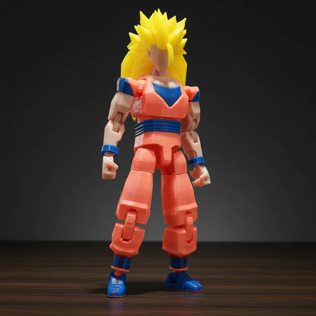 Toy figure with orange and blue outfit on a textured gray background