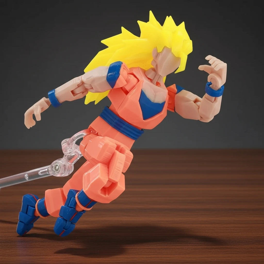 Toy figure in orange and blue outfit with yellow spiky hair on a gray background