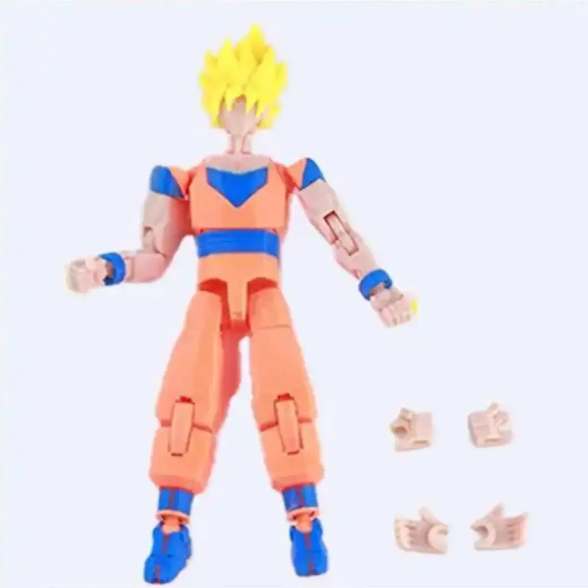 Action figure in orange and blue outfit with interchangeable parts on a light purple background