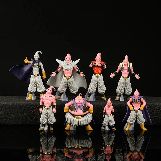 Set of Dragon Ball Z figurines on a reflective surface with a black background