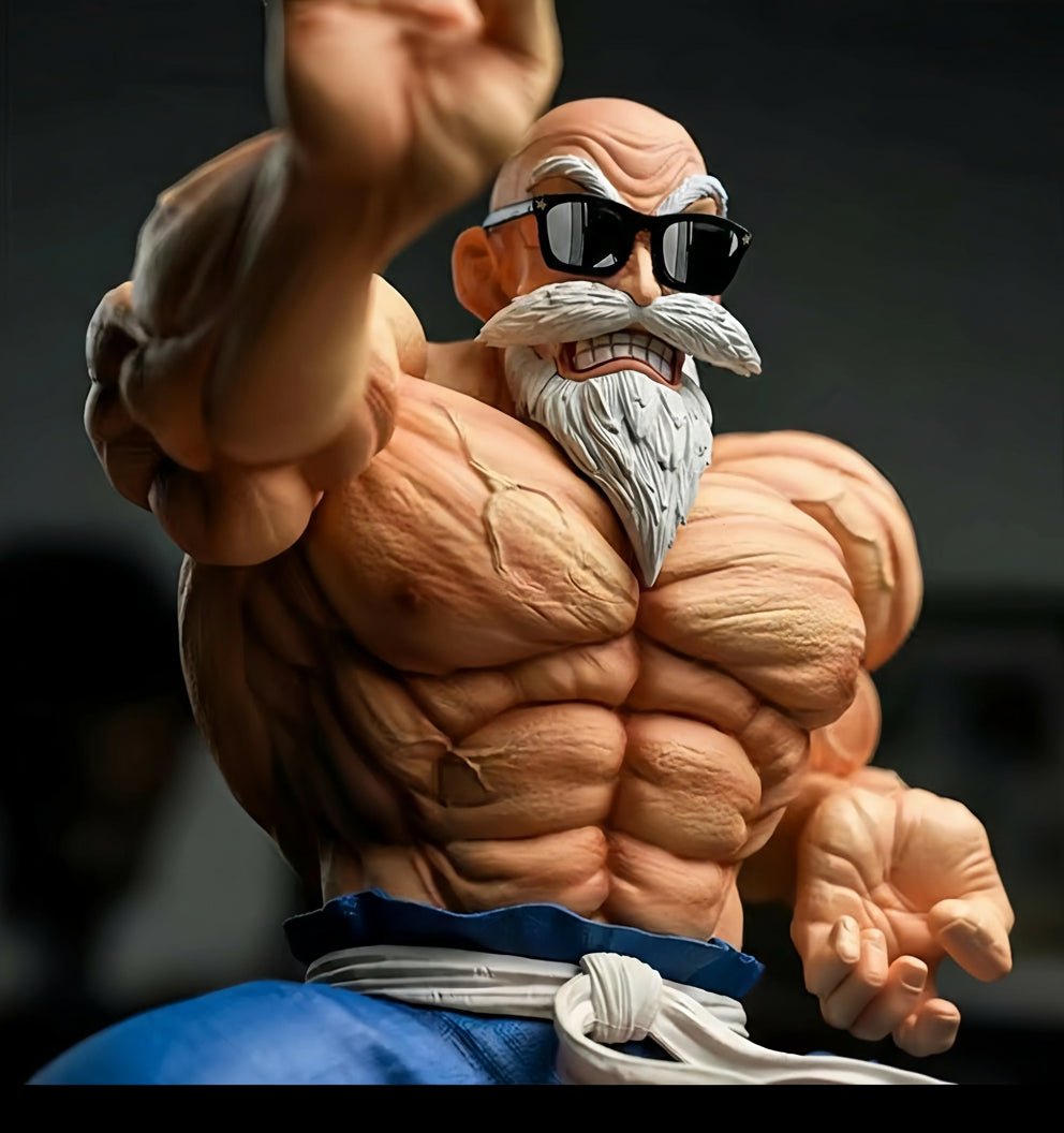 Muscular figure with sunglasses and a beard, wearing a blue gi, on a dark background.