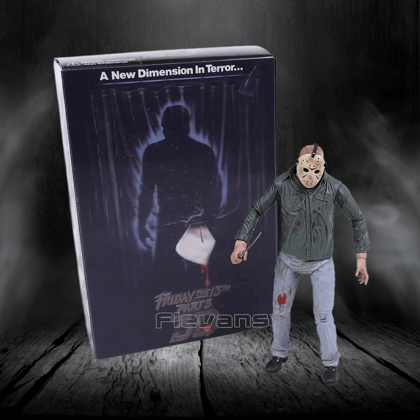 Action figure of a character from 'Friday the 13th' series next to its packaging on a dark background.