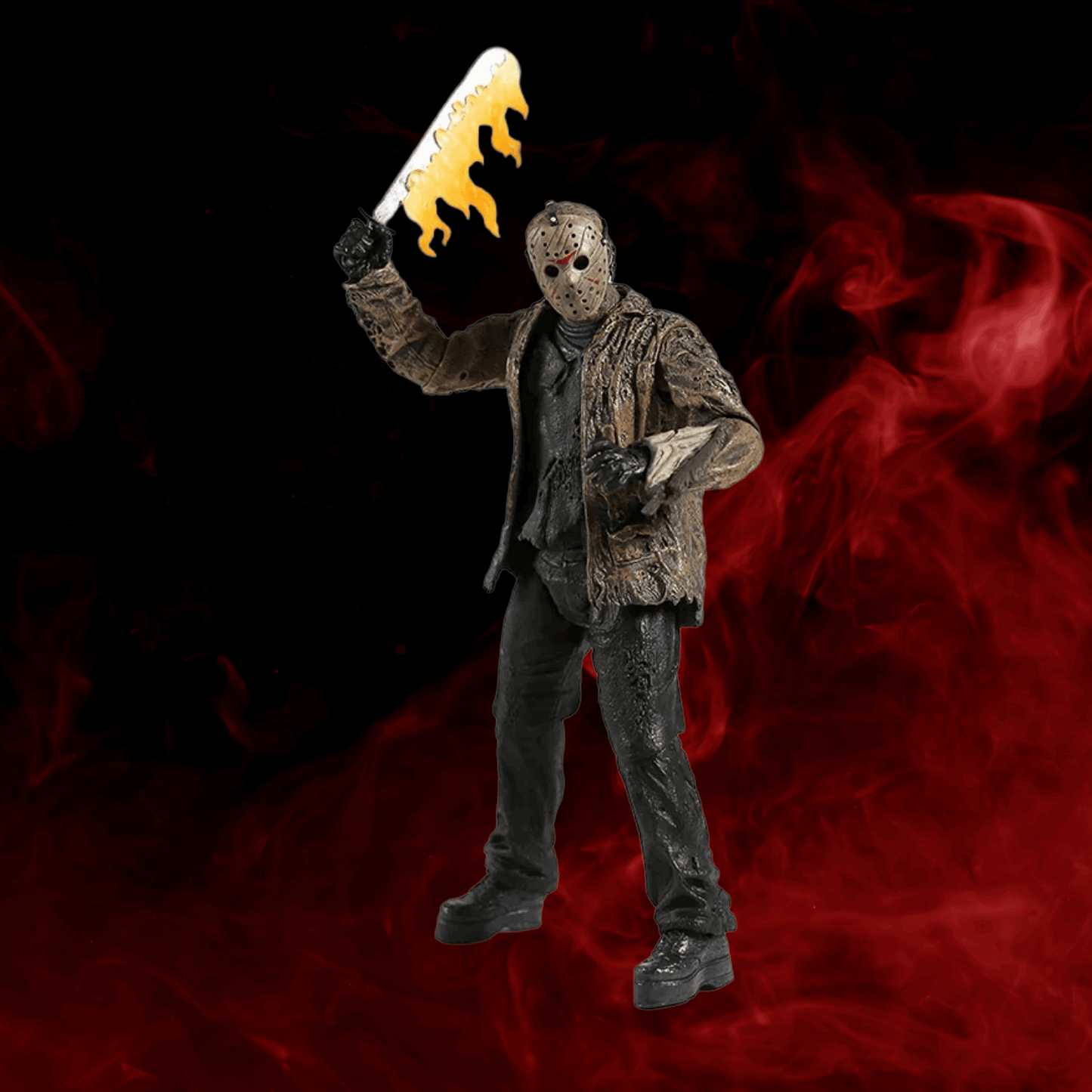 Figurine of a character holding a flaming object against a dark background with red smoke effects