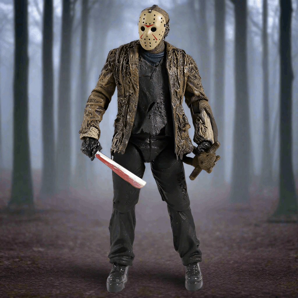 Action figure in a forest setting holding a knife and teddy bear