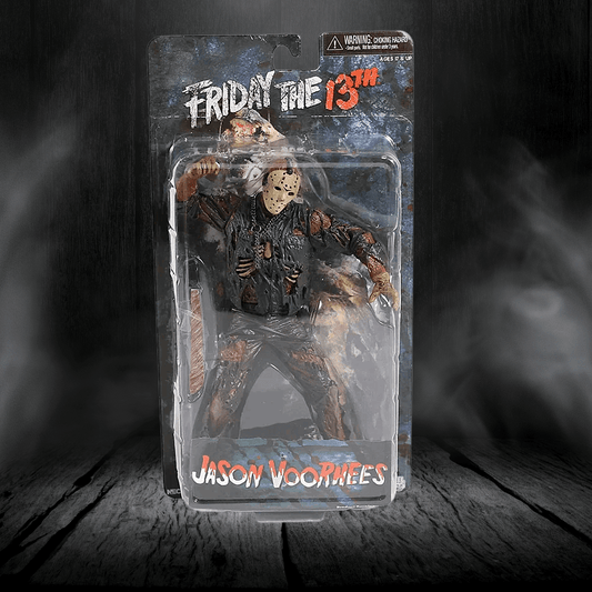 Action figure of Jason Voorhees from 'Friday the 13th' in packaging on a dark background