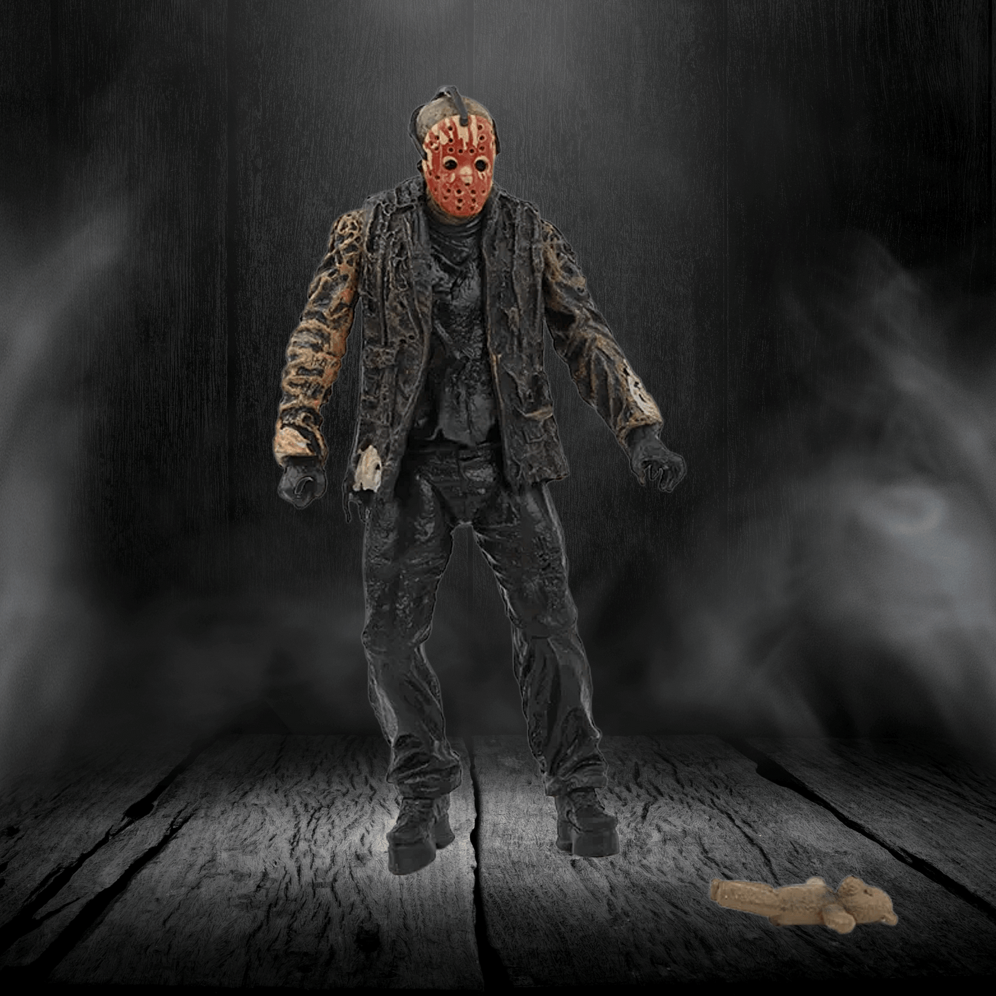 Action figure in a dark, smoky setting with a wooden floor