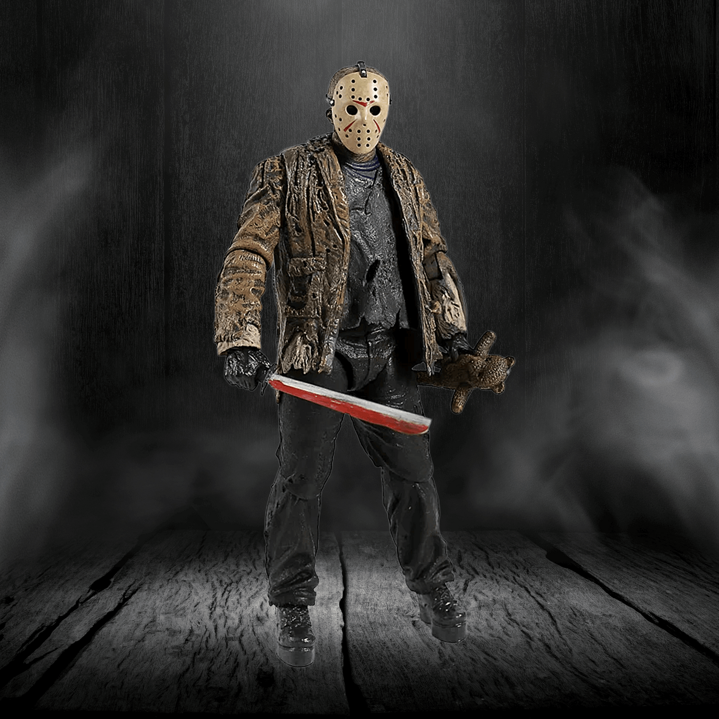 Person in a horror-themed costume with a mask and knife on a dark background