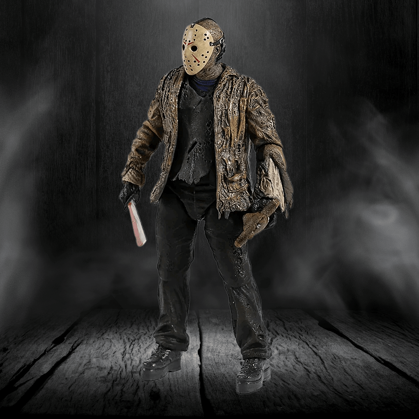 Person wearing a hockey mask and costume holding a knife in a dark, smoky setting