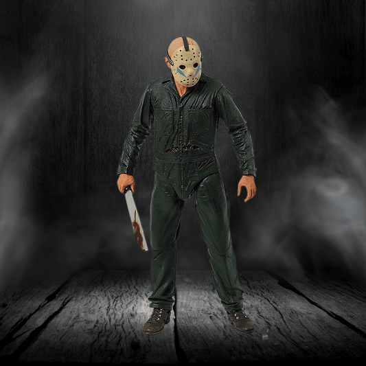 Person in a green jumpsuit and mask holding a knife on a dark background