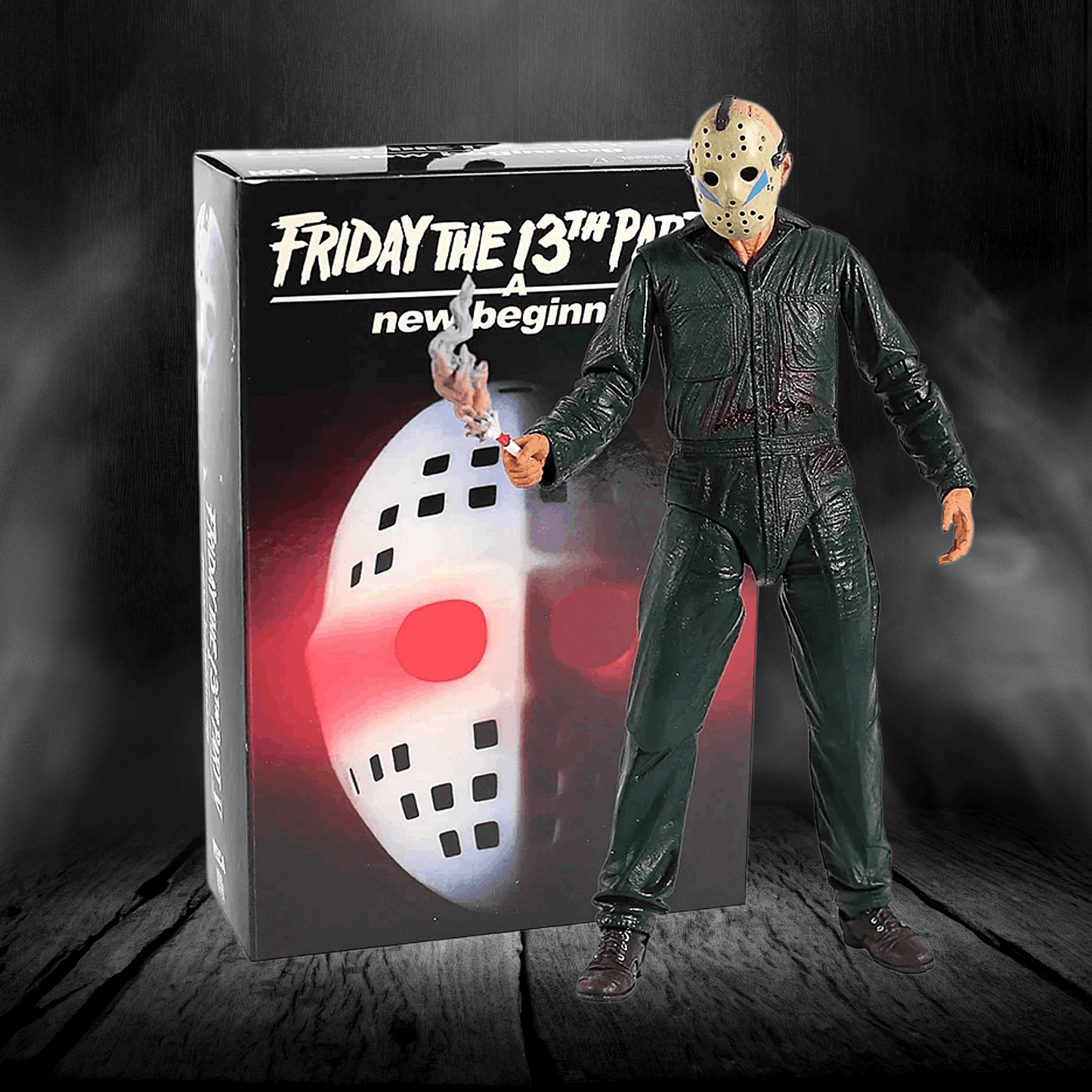 Action figure of a character from 'Friday the 13th' series in front of its packaging