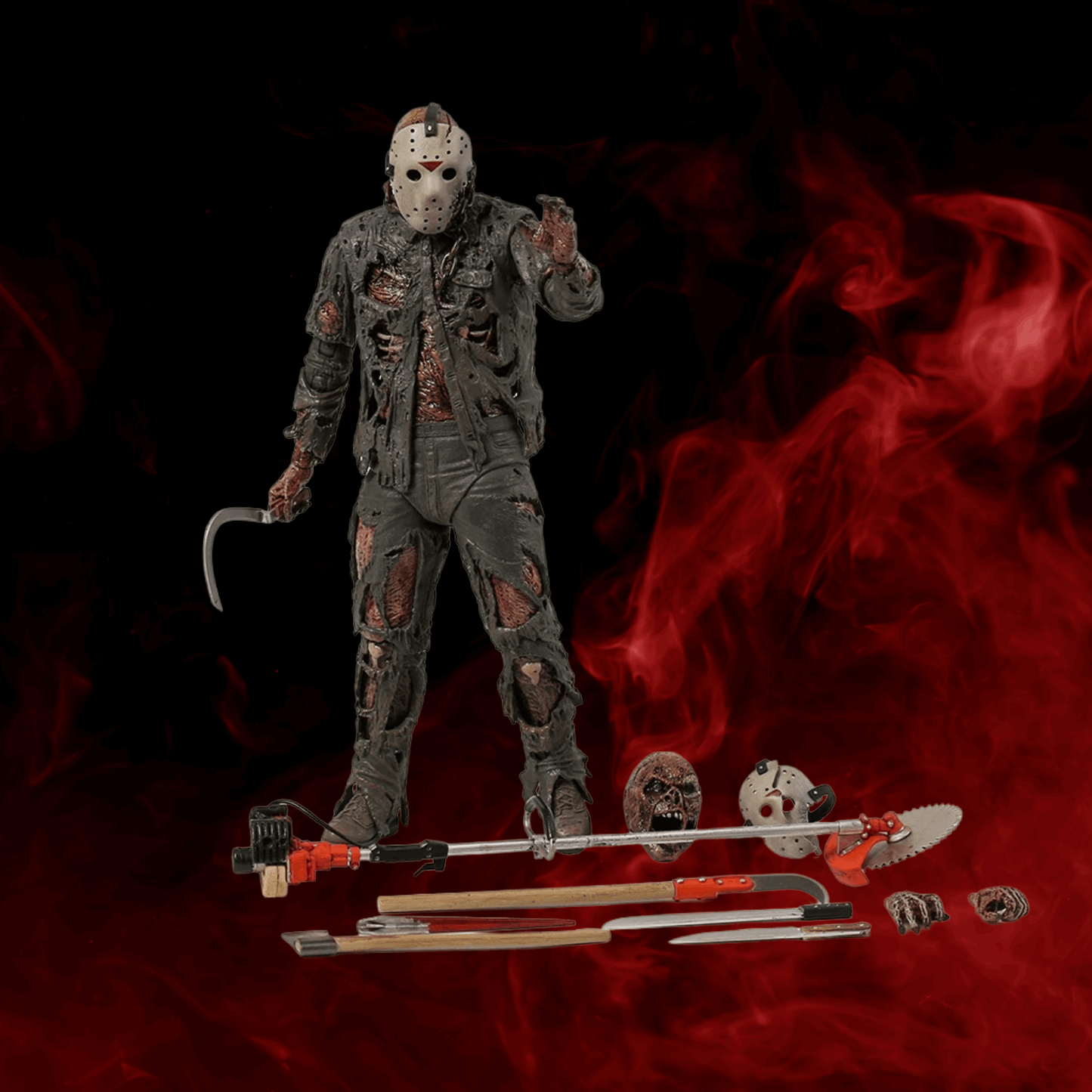 Action figure with a mask and tools on a dark background with red smoke effect