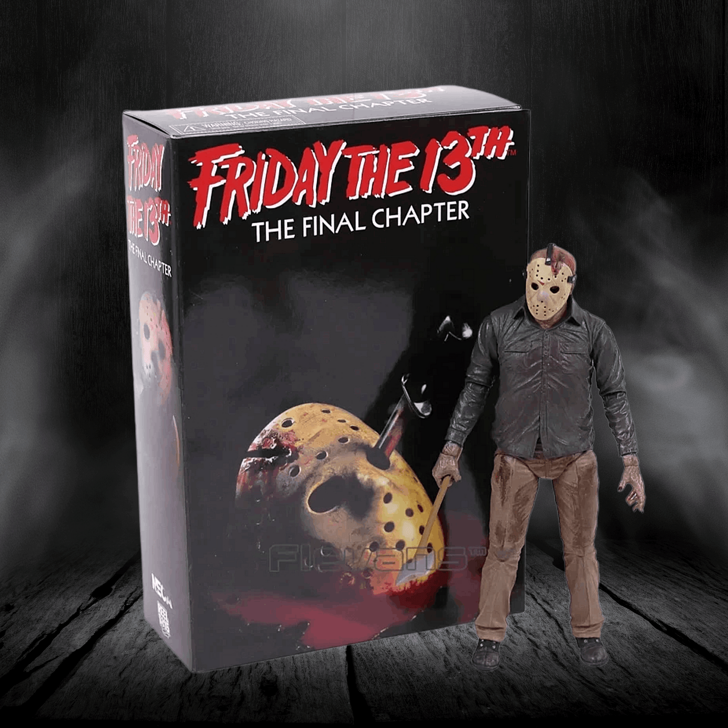 Action figure and packaging of Jason Voorhees from 'Friday the 13th' on a dark background