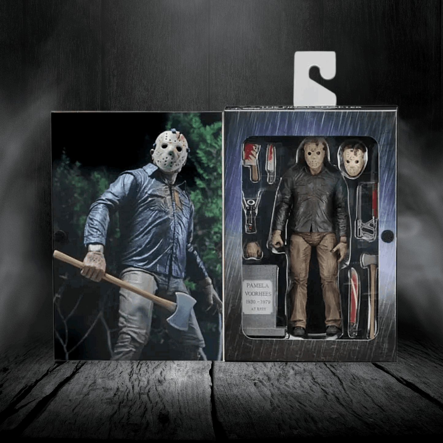 Action figure with a mask and axe in packaging on a wooden surface