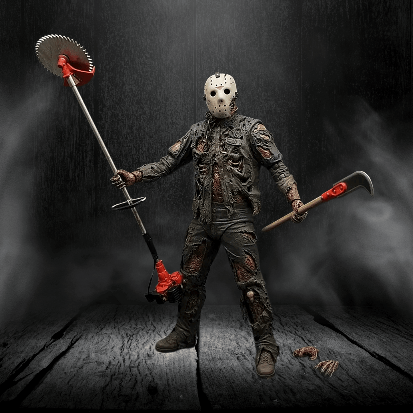 Person in horror-themed costume holding a lawn mower and sickle against a dark background