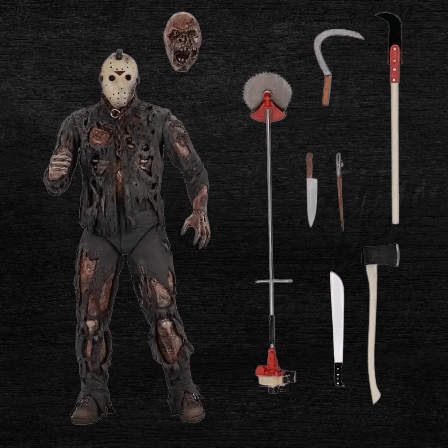 Horror character with weapons on a dark background
