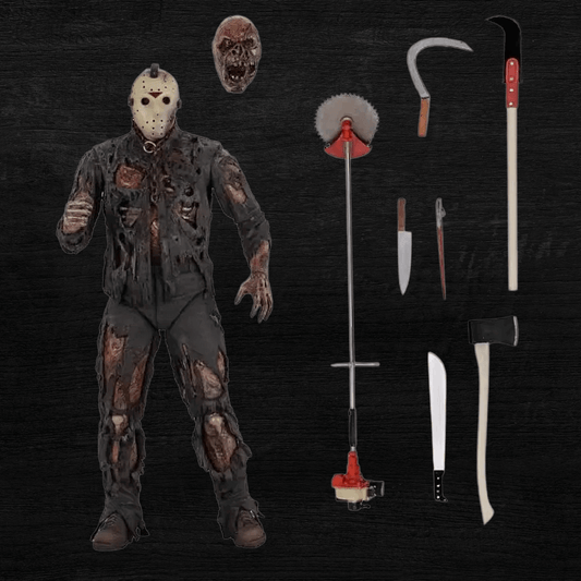 Horror character with weapons on a dark background