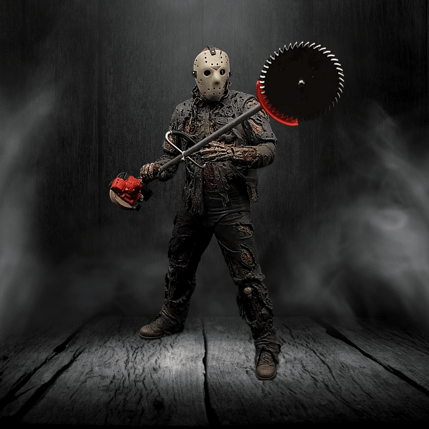 Person in horror-themed costume holding a sawed-off shotgun with a dark, smoky background