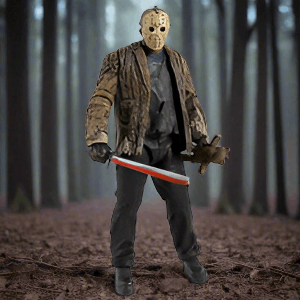Action figure in a forest setting holding a knife and chainsaw