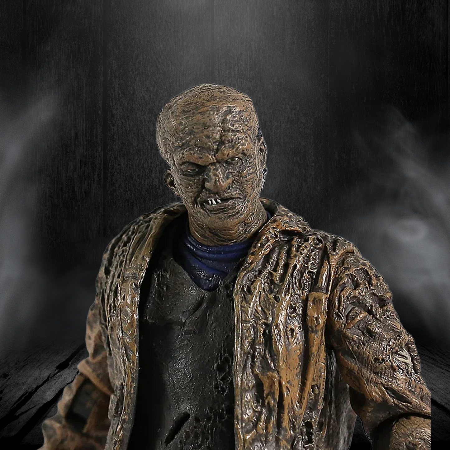 Detailed figurine of a character with a dark, smoky background