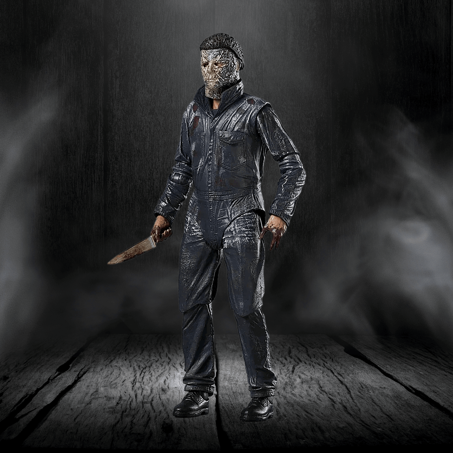 Person in a dark, smoky setting holding a knife, wearing a textured outfit.