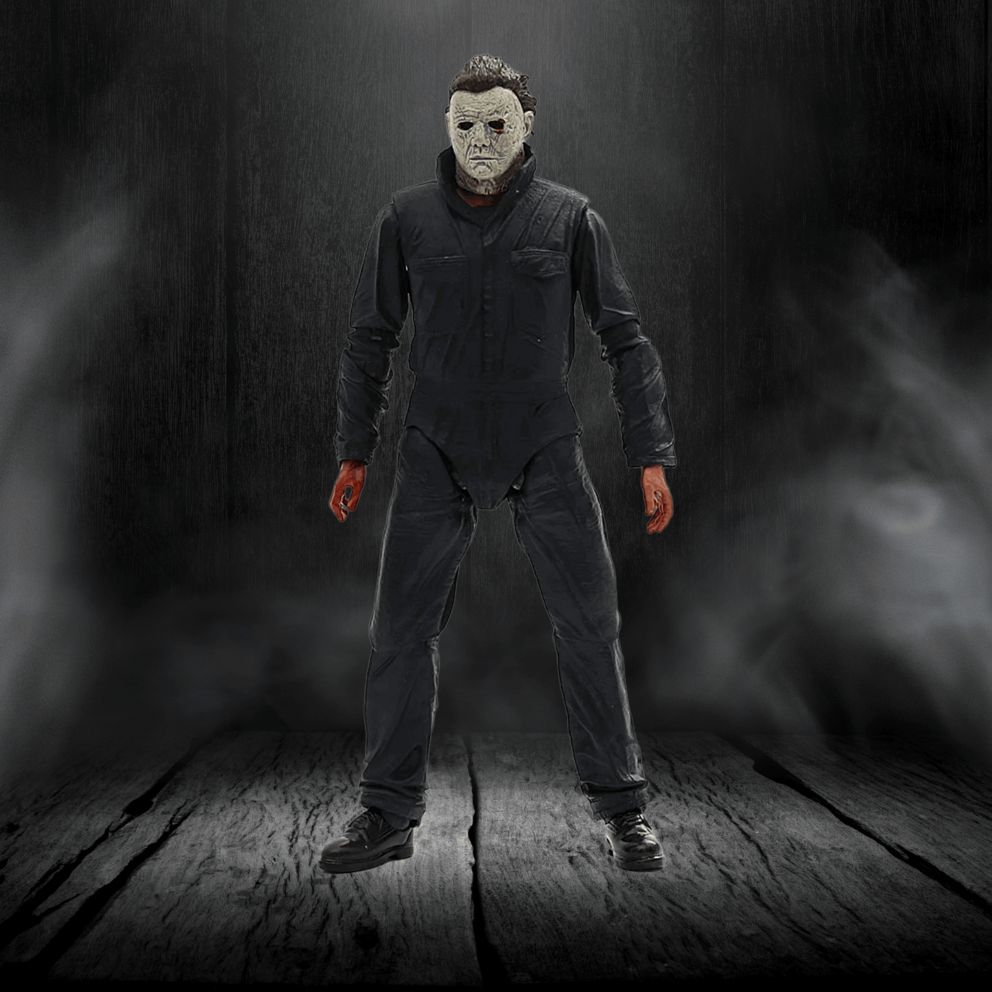 Person wearing a dark jumpsuit and mask in a dark, smoky setting