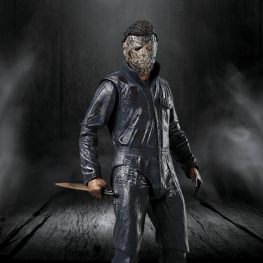 Person in a dark, textured setting holding a knife, wearing a detailed costume and mask.