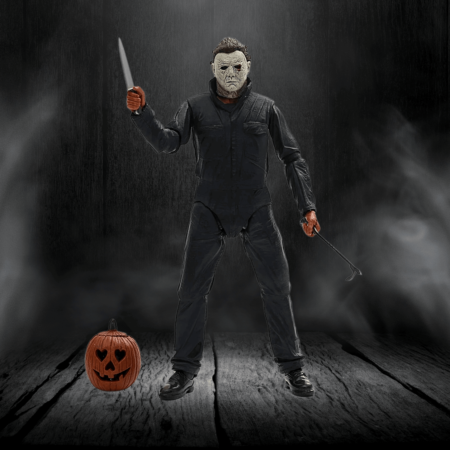 Character holding a knife with a pumpkin on a wooden platform in a dark, smoky setting
