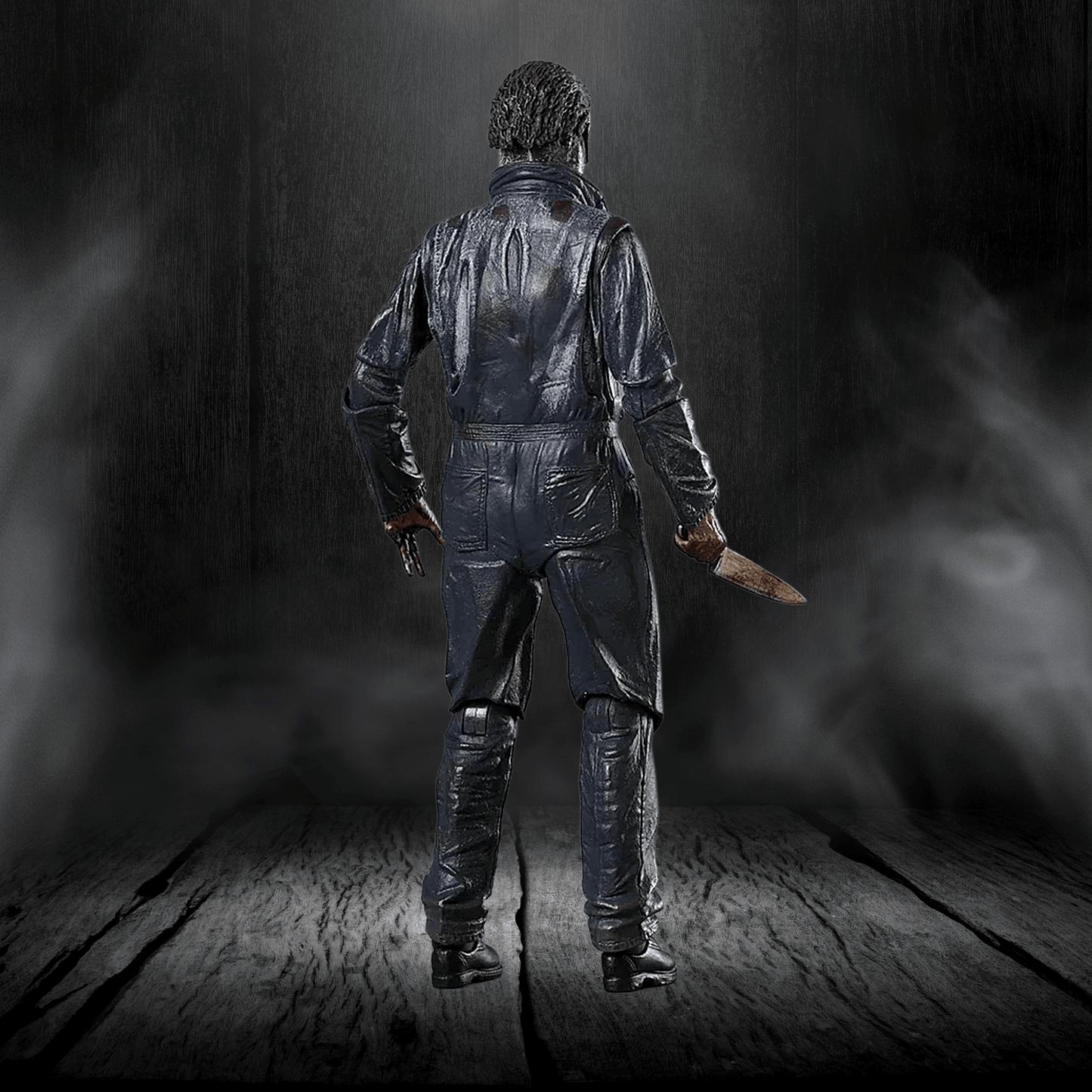 Person in a raincoat holding a knife in a dark, smoky room