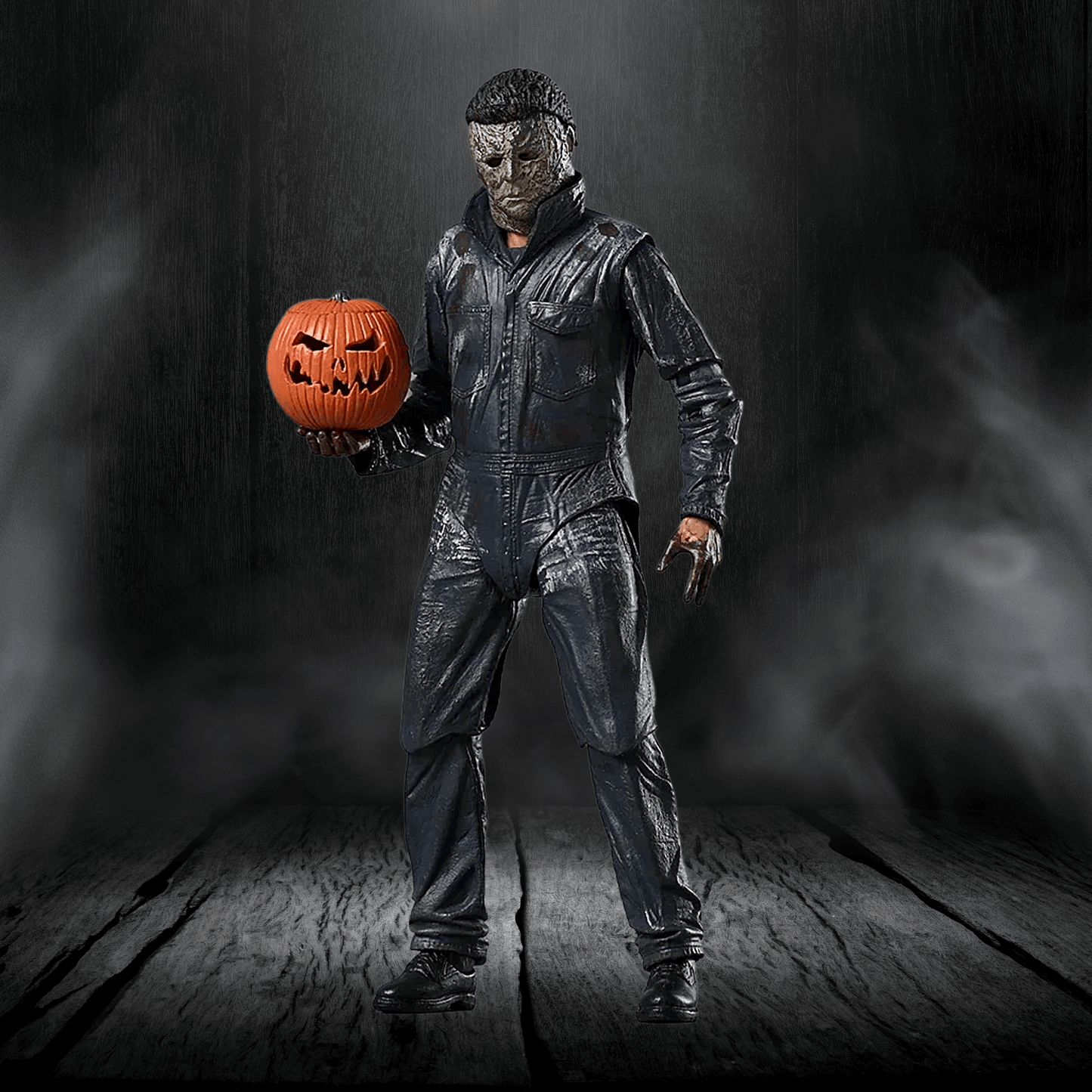Person in a Halloween-themed costume holding a jack-o'-lantern against a dark background
