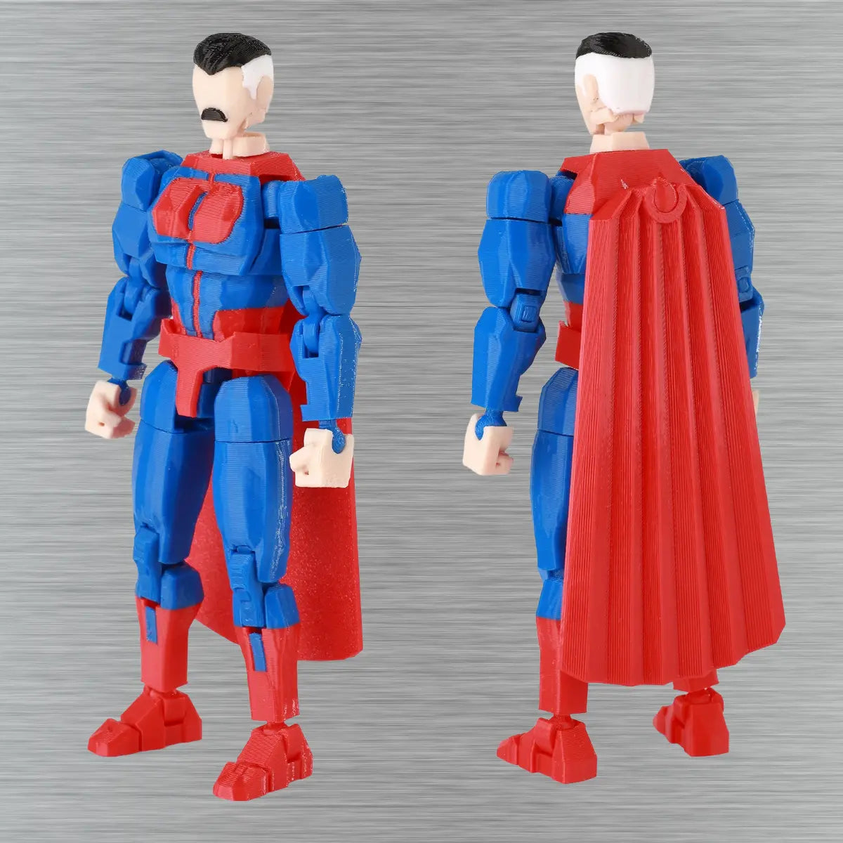 Action figure with red and blue costume on a gray background