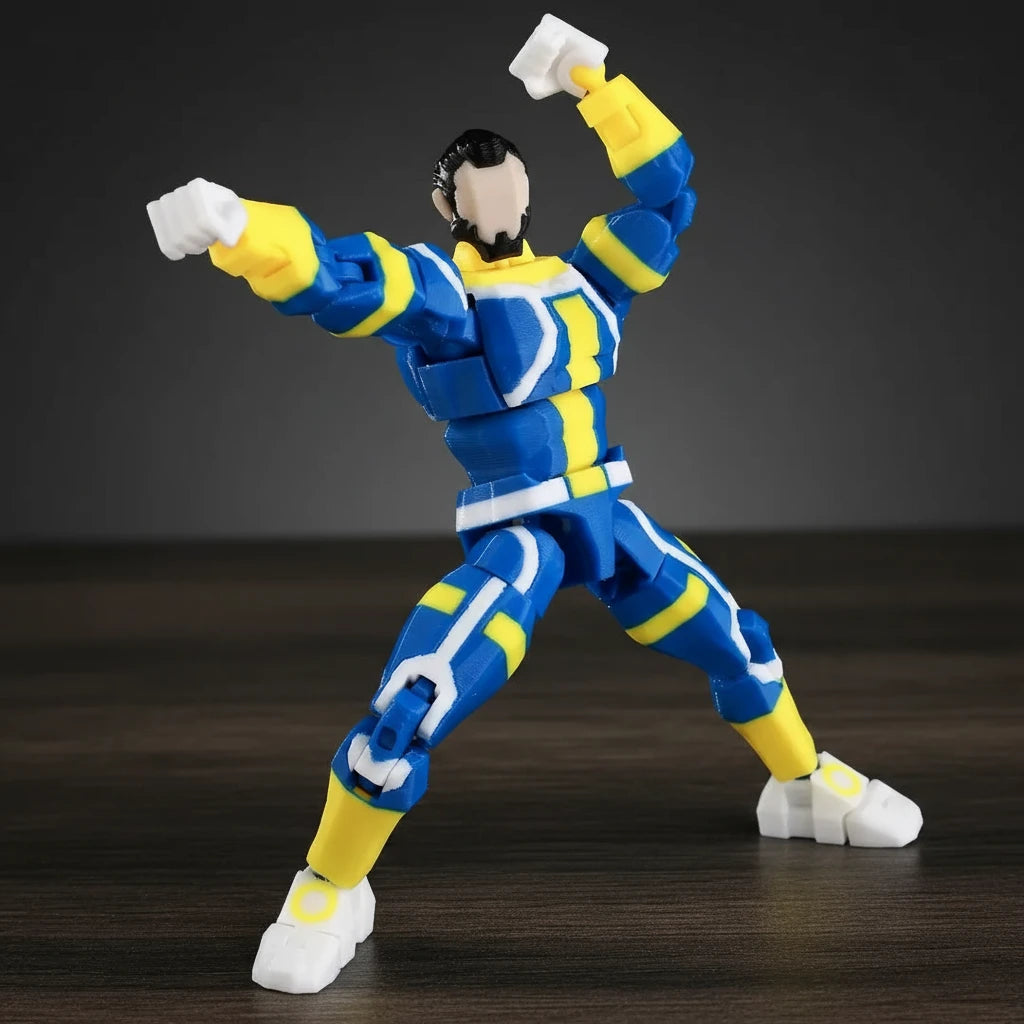 Action figure in blue and yellow costume on a textured gray background
