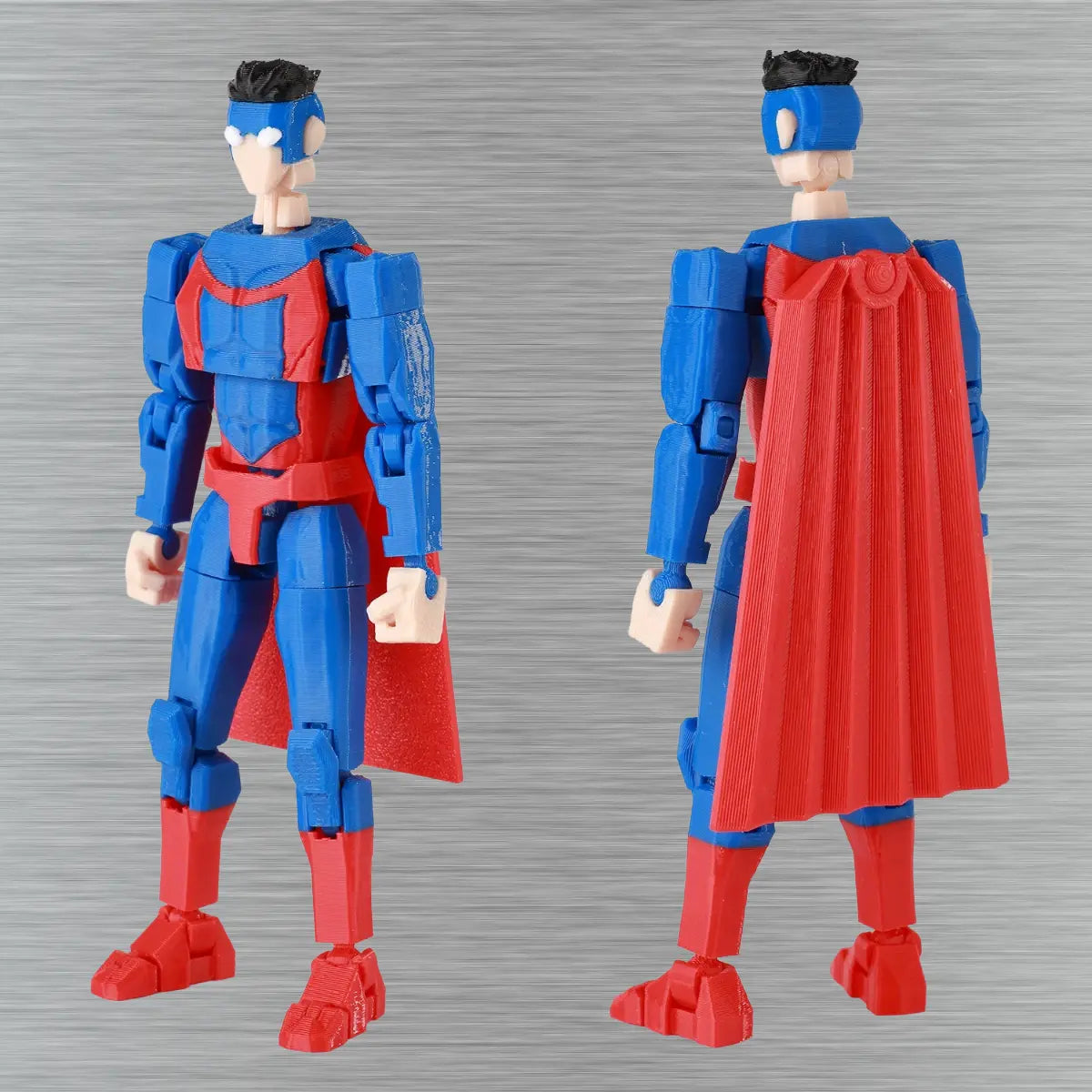 Superhero action figure with blue and red costume on a gray background