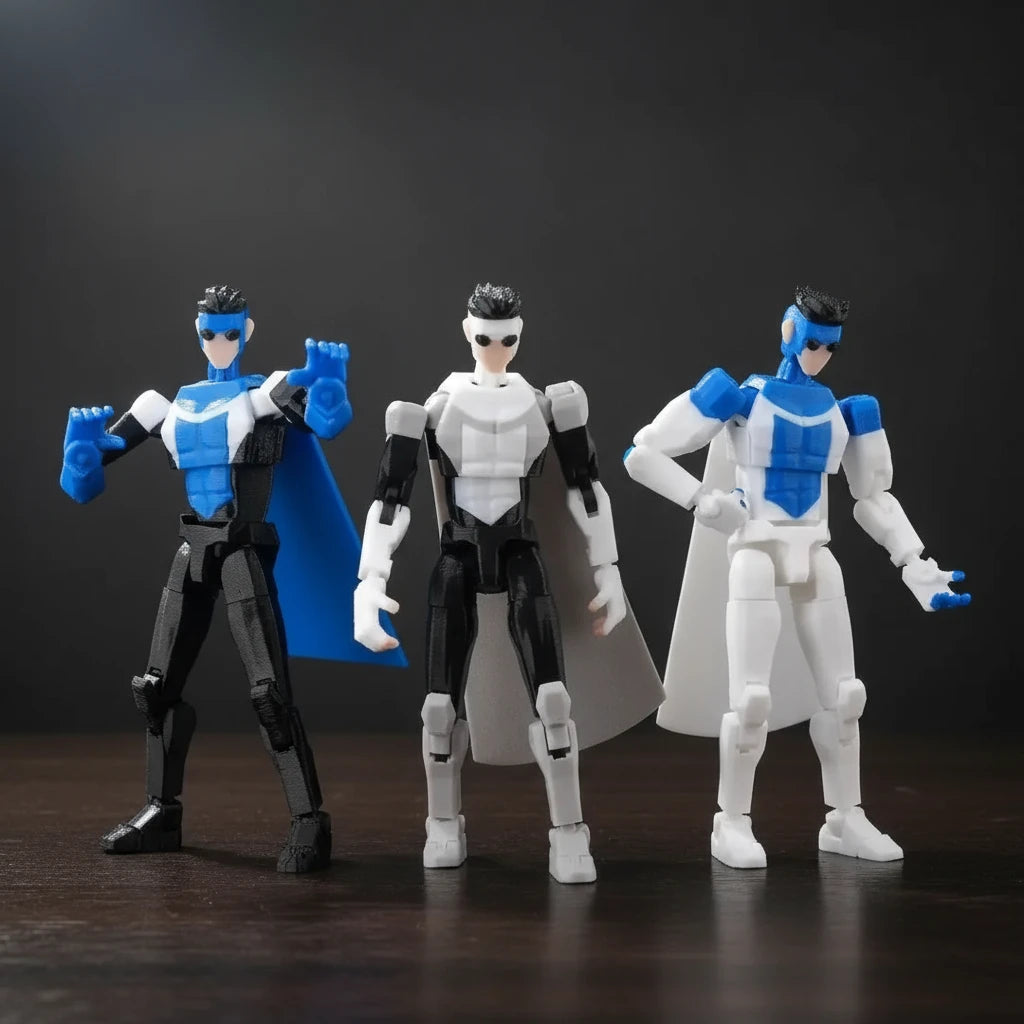 Three superhero action figures with blue and black costumes on a gray background