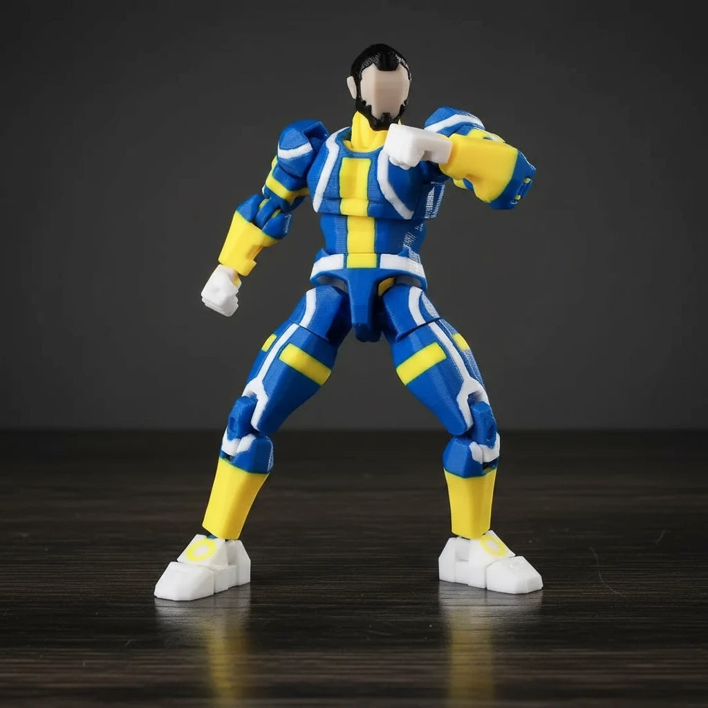 Action figure in blue and yellow costume on a gray background