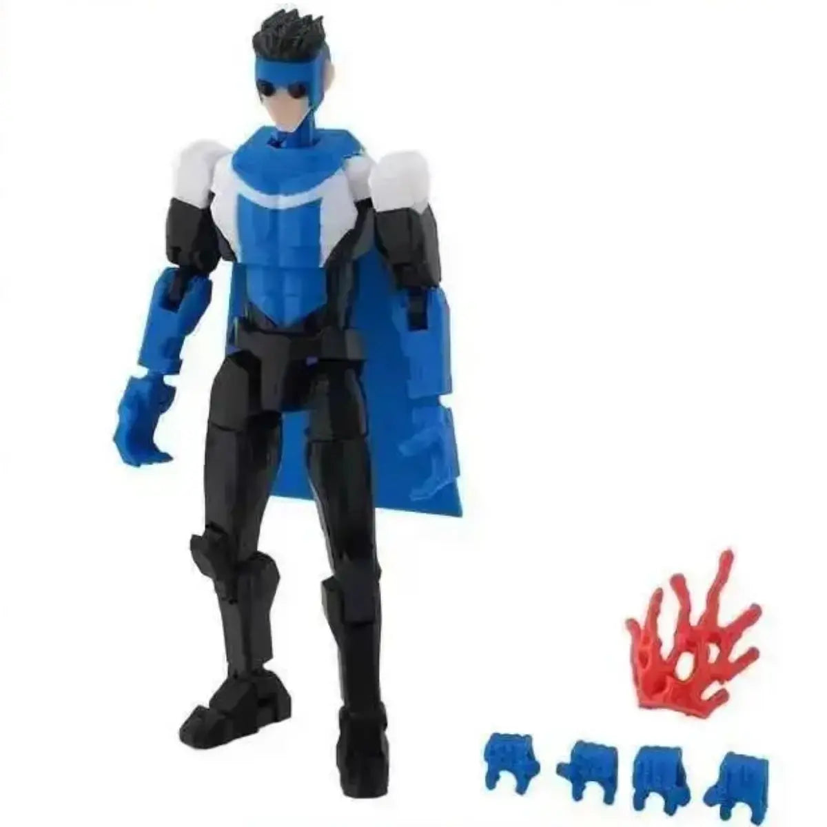 Superhero action figure with blue and black costume on a white background