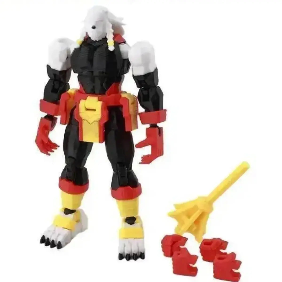 Toy figure with black, red, and yellow colors on a white background
