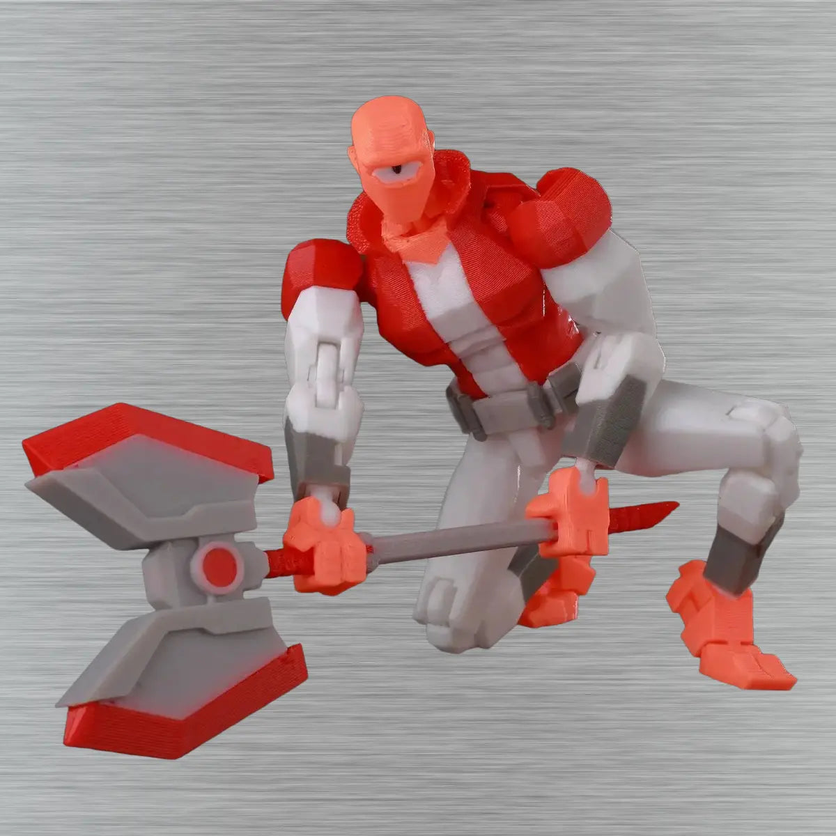 Red and gray robot-like figure with a metallic background