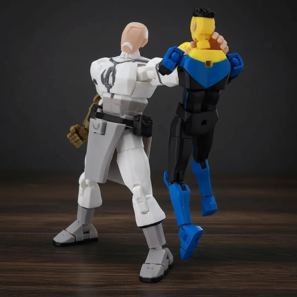 Two action figures in a dynamic pose against a gray background