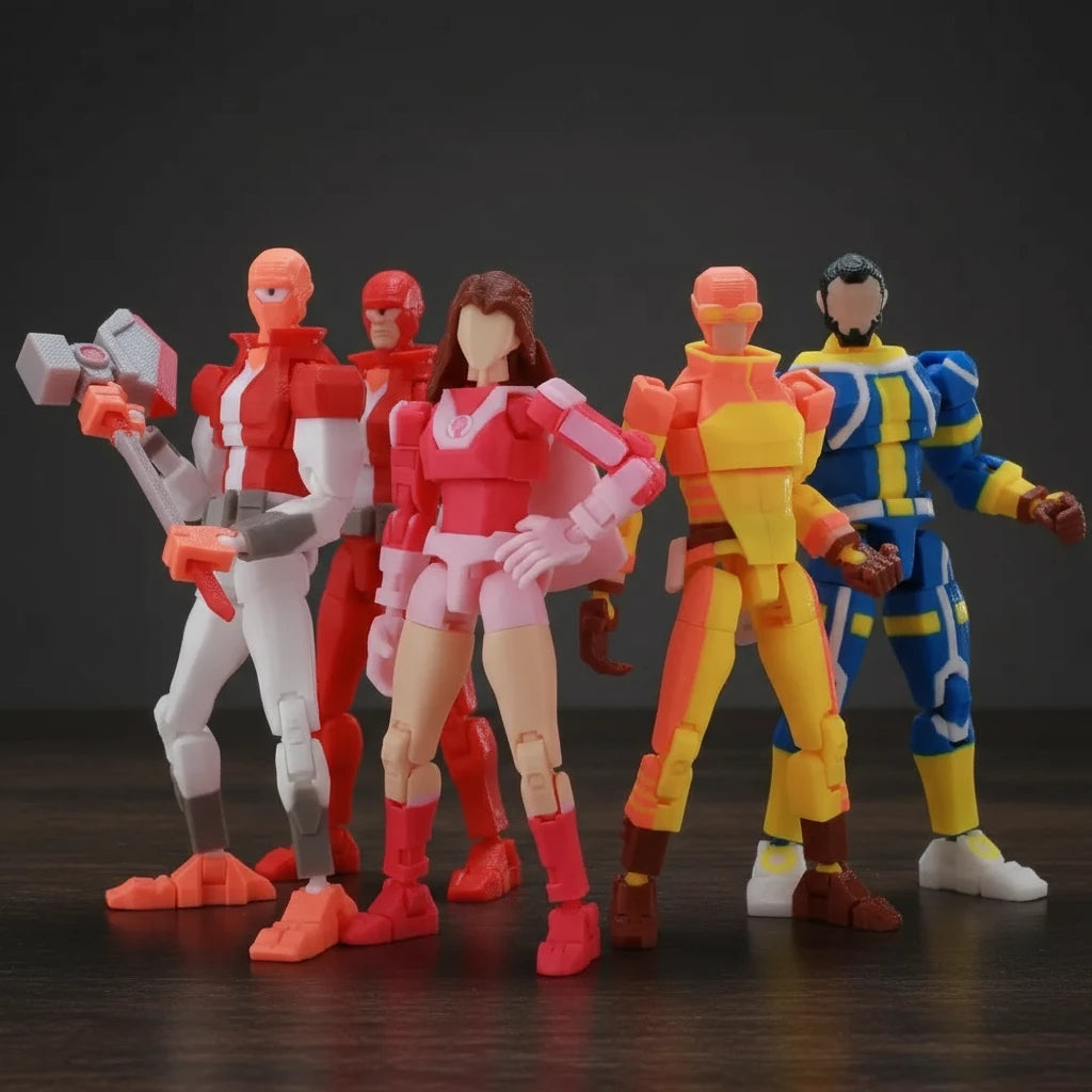 Four action figures in colorful costumes on a gray background